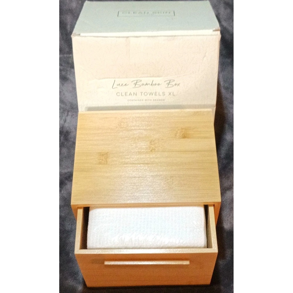 Clean Skin Club Luxe Bamboo Box Clean Towels XL Container w/Drawer Beige White